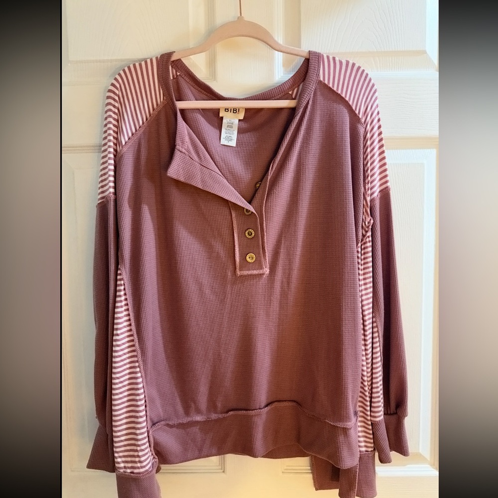 BIBI Mauve Henley Top with Striped Sleeves